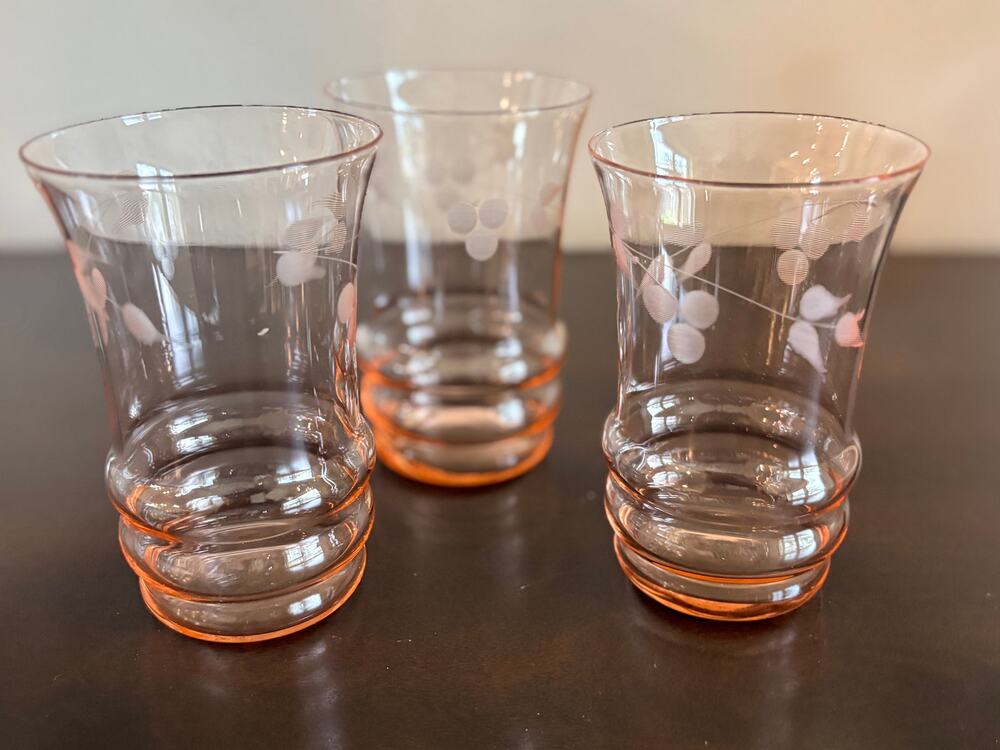 Vintage MacBeth-Evans Pink Leaf Etch Juice Glasses Set of 3 Depression Glass